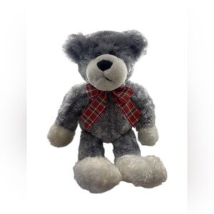 Animal Adventure Inc Grey Teddy Bear Plush Red Plaid Bow White Paws Stuffed Toy